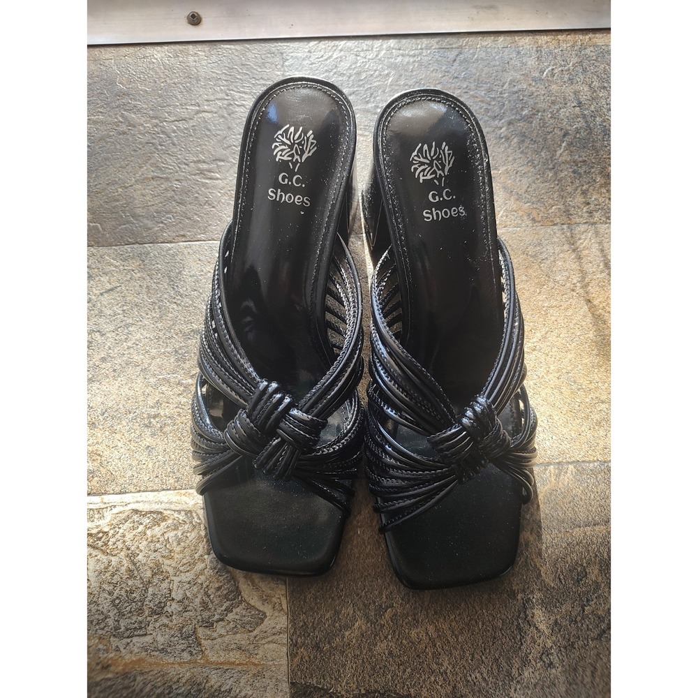 GC Shoes Black Knot Slide Block Heel Mules‎ Women Size